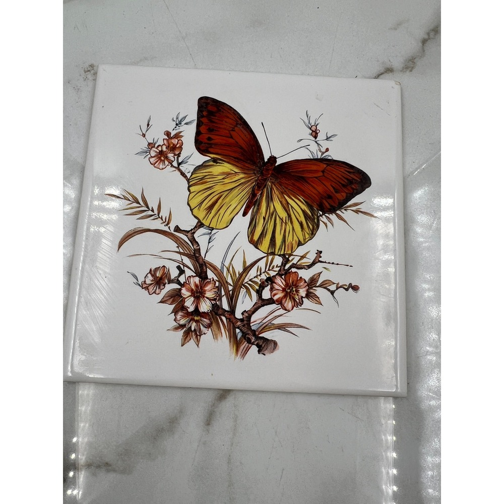Hyalyn USA 505 Vintage Butterfly Ceramic Tile Trivet Cork Backed 6x6